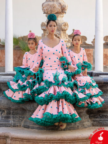 Traje de Flamenca de Niña Rosa con Lunares Azules y Volantes en Verde Turquesa [MOD 2619 NIÑA]