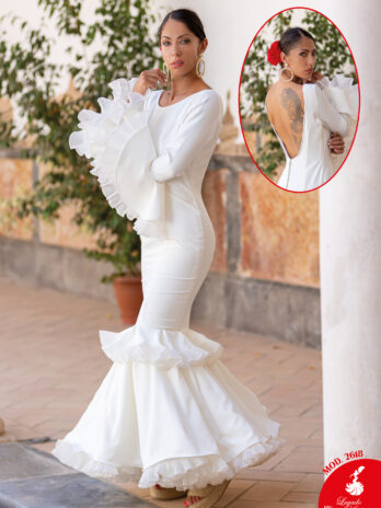 Traje de Flamenca Blanco Liso con Espalda Abierta y Volantes Plisados [MOD 2618]