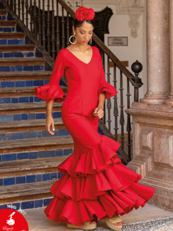 Traje de Flamenca Rojo Liso con Manga al Codo y Volantes [MOD 2677]