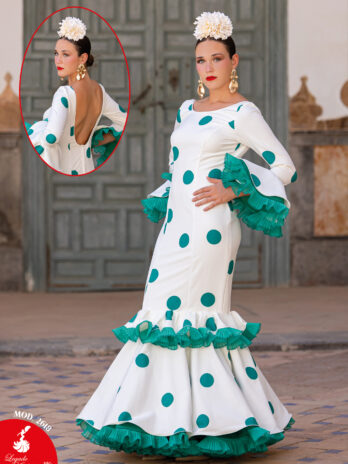 Traje de Flamenca Blanco con Lunares Verdes y Espalda Abierta [MOD 2618]