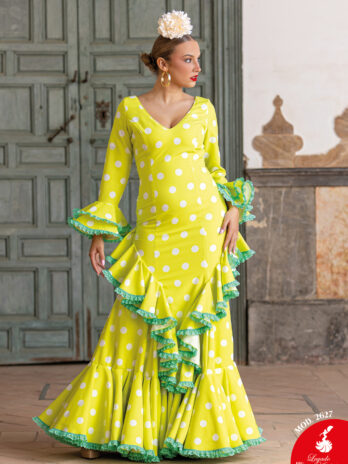 Traje de Flamenca Amarillo con Lunares Blancos y Filo Verde [MOD 2627]