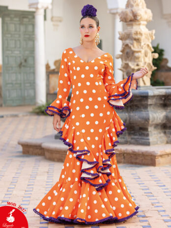 Traje de Flamenca Naranja con Lunares Blancos y Filo Morado [MOD 2627]