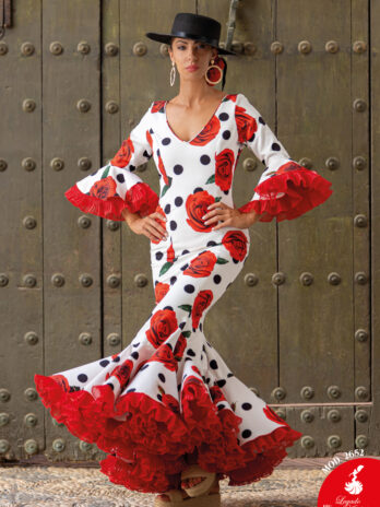 Traje de Flamenca Blanco con Lunares y Rosas Rojas [MOD 2652]