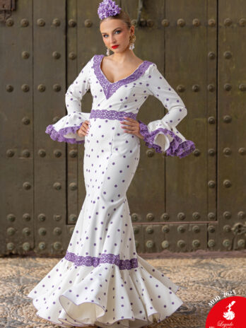 Traje de Flamenca Blanco con Lunares Morados y Encaje [MOD 2625]