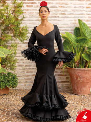 Traje de Flamenca Negro Liso con Volantes de Tul y Nejas [MOD 2615]