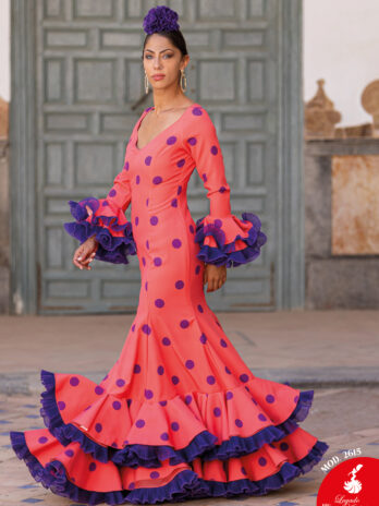 Traje de Flamenca Coral con Lunares Morados y Volantes de Tul [MOD 2615]