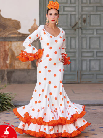Traje de Flamenca Blanco con Lunares Naranjas y Volantes de Tul [MOD 2615]