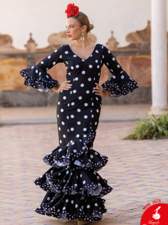 Traje de Flamenca Negro con Lunares Blancos y Manga al Codo [MOD 2678]