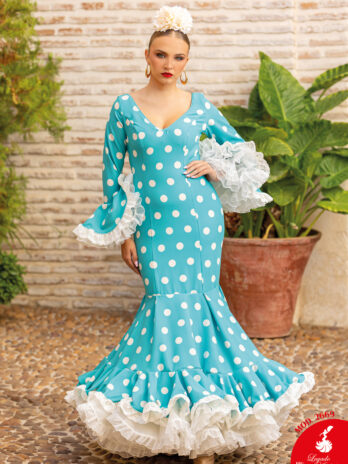 Traje de Flamenca Azul Turquesa con Lunares Blancos y Encaje [MOD 2669]