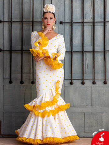 Traje de Flamenca Blanco con Lunares Amarillos y Volantes de Organza [MOD 2610]