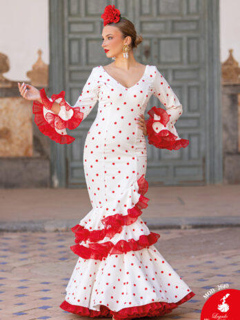 Traje de Flamenca Blanco con Lunares Rojos y Volantes de Tul [MOD 2610]