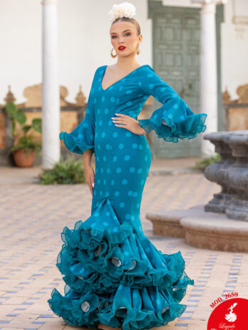 Traje de Flamenca Azul Petróleo con Lunares y Volantes Plisados [MOD 2659]