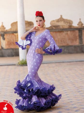 Traje de Flamenca Malva con Lunares Blancos y Volantes Morados [MOD 2659]