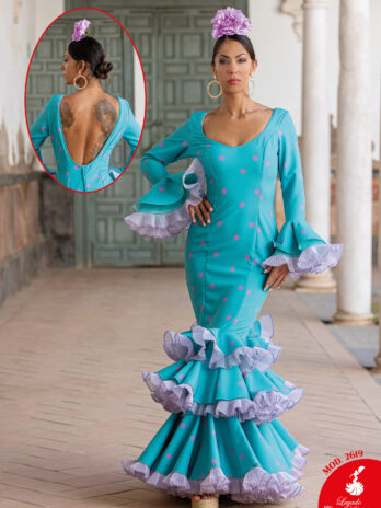 Traje de Flamenca Azul Turquesa con Lunares y Volantes Plisados en Malva [MOD 2619]