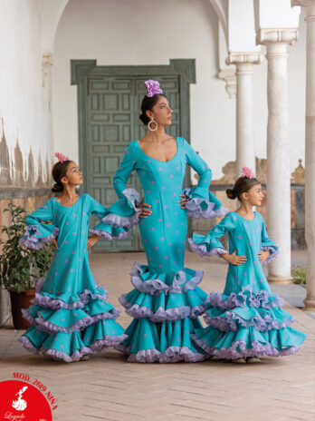 Traje de Flamenca Azul Turquesa con Lunares y Volantes Plisados para Niña [MOD 2619 NIÑA]