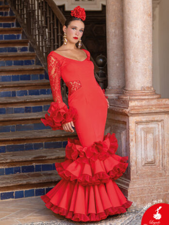 Traje de Flamenca Rojo con Mangas de Encaje y Volantes de Organza [MOD 2629]