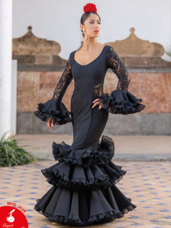 Traje de Flamenca Negro con Mangas de Encaje y Costados Transparentes [MOD 2629]