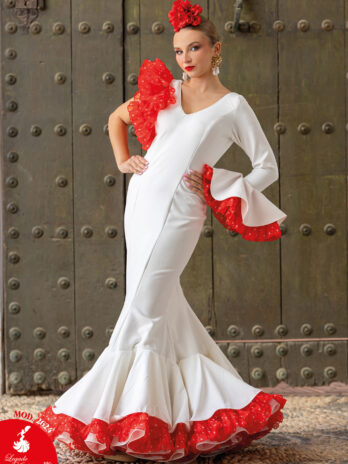 Traje de Flamenca Blanco con Hombro de Volantes Rojos y Lunares [MOD 2624]
