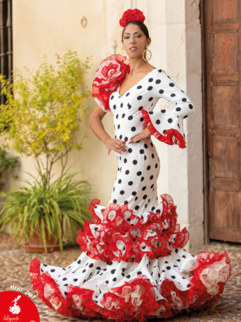 Traje de Flamenca Blanco con Lunares Negros y Volantes Rojos [MOD 2617]