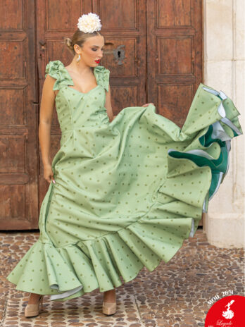 Traje de Flamenca Verde Salvia con Lunares y Hombros de Volantes [MOD 2631]