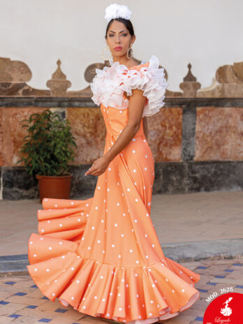 Traje de Flamenca Naranja con Lunares Blancos y Volante de Gasa en el Escote [MOD 2628]