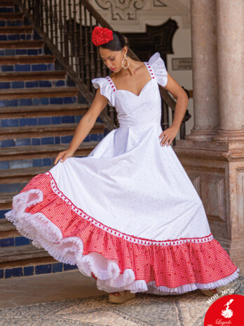 Traje de Flamenca Blanco Bordado con Volante de Cuadros Vichy Rojos y Madroños [MOD 2638]