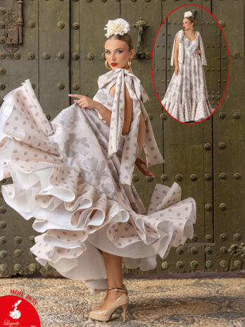 Traje de Flamenca Beige con Estampado Floral y Lunares con Lazadas en los Hombros [MOD 2635]