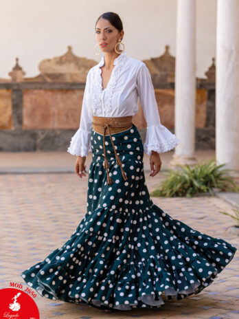 Conjunto de Flamenca con Camisa Blanca de Chorreras y Falda de Lunares Verde Carruaje [MOD 2650]