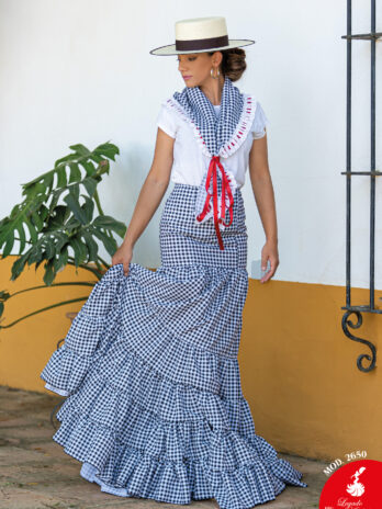 Conjunto de Flamenca con Camiseta Blanca y Falda de Cuadros Vichy en Azul Marino [MOD 2650]