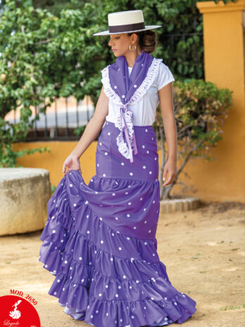 Traje de Flamenca Morado con Lunares Blancos y Pañuelo a Juego con Randa Blanca [MOD 2650]